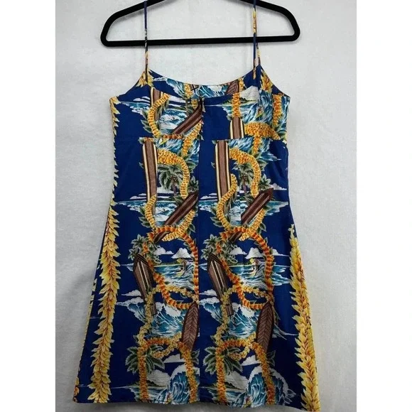 Royal Creations Mini Dress Women's Size L Hawaiian Shift Sleeveless Cotton Blue - Picture 2 of 8